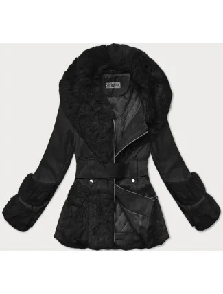 Dámska bunda z ekokože s kožušinovým golierom Way Mode black (OMS-15WD-01)