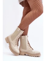 Skórzane Damskie Botki Workery Sznurowane Jasnobeżowe Nicole 2836