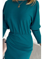 LARA - Dámske rebrované šaty v morskej farbe so sťahovacími lemami na rukávoch 399-1