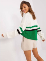 Ecru-zelený voľný sveter s golierom a vlneným lemom (8054)