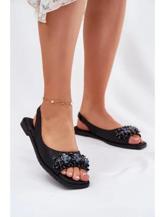 Sandały Damskie Płaskie Z Kryształkami S.Barski KV51-079 Czarne