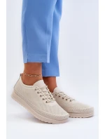 Skórzane Sportowe Buty Trampki Damskie Beżowe Lalnai