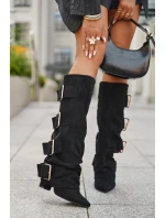 Kozaki Damskie Na Słupku Z Wywiniętą Cholewką I Złotymi Klamrami Eko Zamszowe Czarne Isavelle