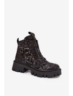 Skórzane Botki Damskie Z Ozdobą Ocieplane Artiker 57C2084 Czarno-Złote