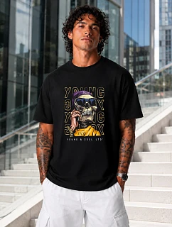 Pánske oversize tričko s potlačou lebky čierne FashionStreet NX1019R