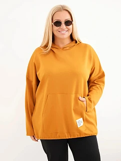 Dámska mikina z viskózy vo veľkosti plus size s kapucňou a klokaním vreckom, horčicová