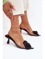 Transparentne Sandały Na Szpilce Z Ozdobnym Kwiatem Czarne Risalie