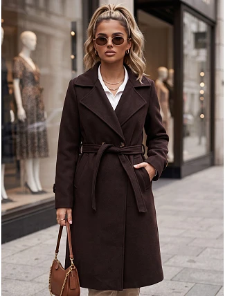 Dlhý dámsky kabát s dvoma radmi gombíkov a opaskom, čokoládovo hnedý, FashionStreet NY0804 Dlhý dámsky kabát s dvoma radmi gombíkov a opaskom, čokoládovo hnedý, FashionStreet NY0804