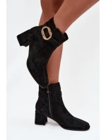 Botki Damskie Na Słupku Ze Złotą Klamrą Czarne Calissa