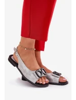 Płaskie Sandały Z Ozdobą Eko Skórzane Srebrne Lilria