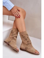 Zazoo 3437 Damskie Zamszowe Sandały Z Cholewką Na Zamek Beżowe