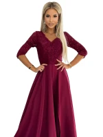 309-9 AMBER elegantné dlhé maxi šaty s čipkovým výstrihom - Bordeaux