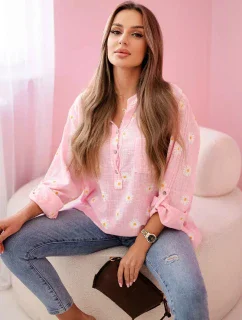 Dámska ľanová blúzka s kvetinovým vzorom, dlhými rukávmi a gombíkmi Sugar pink