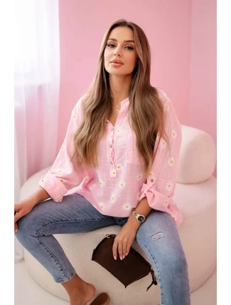 Dámska ľanová blúzka s kvetinovým vzorom, dlhými rukávmi a gombíkmi Sugar pink Dámska ľanová blúzka s kvetinovým vzorom, dlhými rukávmi a gombíkmi Sugar pink