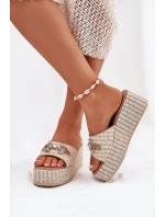 Klapki Damskie Na Koturnie Z Plecionką I Ozdobą Beżowe Isolene