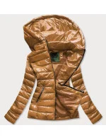 Krátka prešívaná dámska bunda v horčicovej farbe s kapucňou (CAN-333)