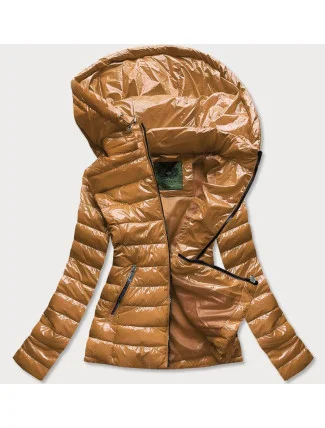 Krátka prešívaná dámska bunda v horčicovej farbe s kapucňou (CAN-333)