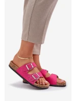 Materiałowe Klapki Na Korkowej Podeszwie Z Klamrami Fuksja Atera