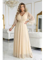 654-2 Dlhé trblietavé plus size šaty s výstrihom a priehľadnými rukávmi - šampanská béžová 654-2 Dlhé trblietavé plus size šaty s výstrihom a priehľadnými rukávmi - šampanská béžová