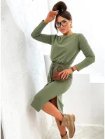 Dámske midi šaty v khaki farbe s opaskom (773)
