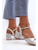 Sandały Damskie Eko Skórzane Na Słupku Z Ozdobami Srebrne Narhi