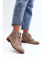Zazoo 2871 Ażurowe Botki Damskie Sznurowane Beżowe