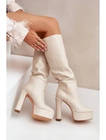 Kozaki Na Słupku I Platformie Z Eko Skóry Jasnobeżowe Felilorn