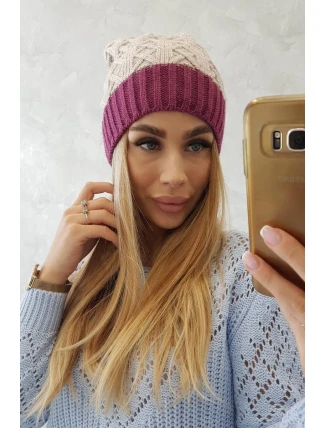 Bibiana fleecová čiapka K264 tmavo fialová + svetlo béžová