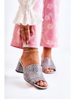 Skórzane Damskie Klapki Na Obcasie Zebra Szare Nessita