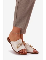 Skórzane Płaskie Eleganckie Klapki Z Kokardką Lewski 3572 Złoty Przecierany