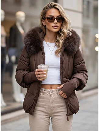 Dámska zimná prešívaná bunda s kožušinou, hnedá, FashionStreet TY5991