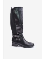 Kozaki Damskie Przed Kolano Na Płaskim Obcasie Z Klamrami Czarne Lotina