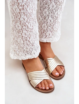 Skórzane Damskie Klapki Lewski Shoes 3682 Złote