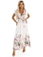 609-1 Saténové maxi šaty s kvetinovým ombre výstrihom - boho elegancia