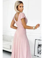 411-6 CRYSTAL trblietavé dlhé šaty s výstrihom - BRUCE PINK