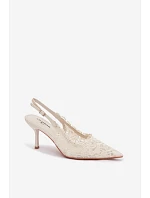 Krajkové Sandály na Podpatku Světle Béžové Carielle