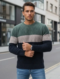 Pánsky sveter s okrúhlym výstrihom zelenej a tmavomodrej farby FashionStreet WX2319