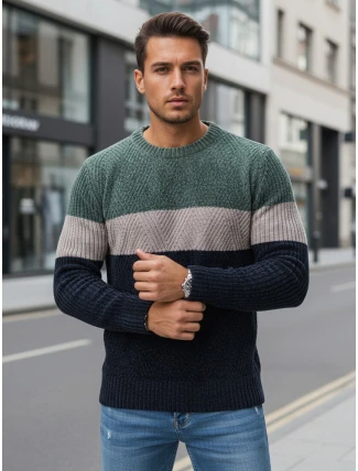 Pánsky sveter s okrúhlym výstrihom zelenej a tmavomodrej farby FashionStreet WX2319