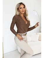 375-11 Štýlový dámsky body s krížovým výstrihom – farba mokka hnedá