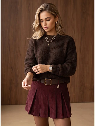 Dámsky voľný sveter s okrúhlym výstrihom, čokoládová farba, FashionStreet MY2587