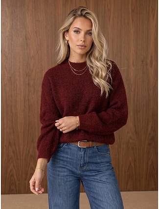 Klasický dámsky sveter s okrúhlym výstrihom v bordovej farbe FashionStreet MY2596 Klasický dámsky sveter s okrúhlym výstrihom v bordovej farbe FashionStreet MY2596