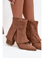 Botki Damskie Na Słupku Z Wywiniętą Cholewką Jasnobrązowe Idalia