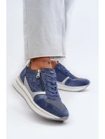 Sneakersy Damskie Na Platformie Z Ażurowym Wzorem I Brokatem INBLU IN000372 Niebieskie