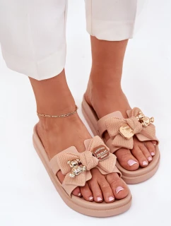 Klapki Damskie Z Kokardą I Złotą Broszką Beżowe Lynara