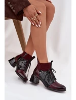 Zazoo 60503 Skórzane Botki Na Obcasie Ocieplane Bordowe