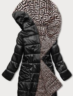 Čierno-béžová preložená obálková dámska bunda s kapucňou (R8040)