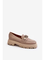 Skórzane Mokasyny Damskie Z Ozdobą Laura Messi 2780 Ciemnobeżowe