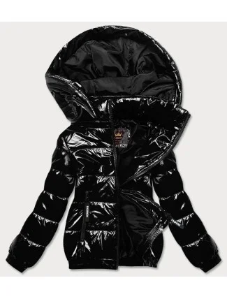 Lesklá čierna dámska bunda so sťahovacím lemom (LD7250BIG)