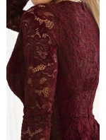 170-14 Čipkované šaty s dlhými rukávmi a výstrihom - DARK bordová