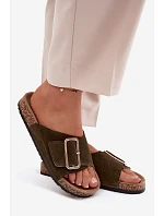 Kožené semišové dámské pantofle s přezkou tmavě zelené Beryl